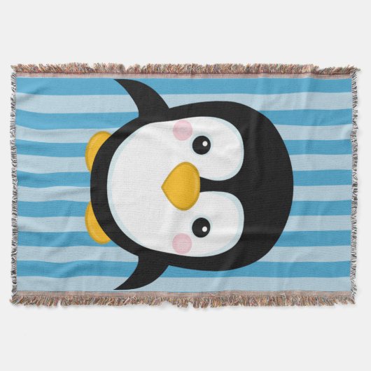 かわいい漫画のペンギンのデザインの青い縞パターン スローブランケット (正面)