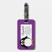 かわいい漫画のペンギンの紫色 ラゲッジタグ (裏面縦)
