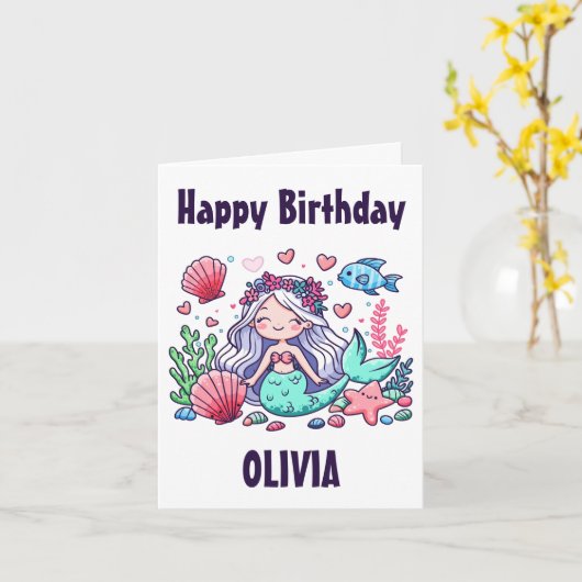 かわいい漫画のマーメイドパーソナライズされた誕生日 カード (黄色い花)