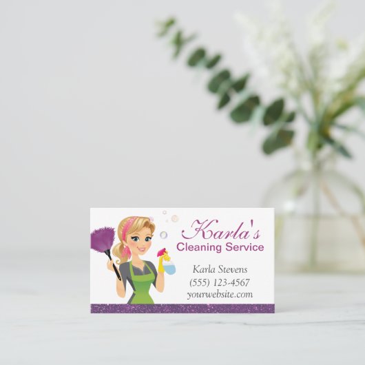 かわいい漫画のメイド輝く家の清掃サービス 名刺 (スタンド正面)