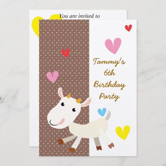 かわいい漫画のヤギとの誕生日の招待 招待状 (正面/裏面)