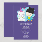 かわいい漫画のユニコーン＆鳥の誕生日 招待状 (正面/裏面)