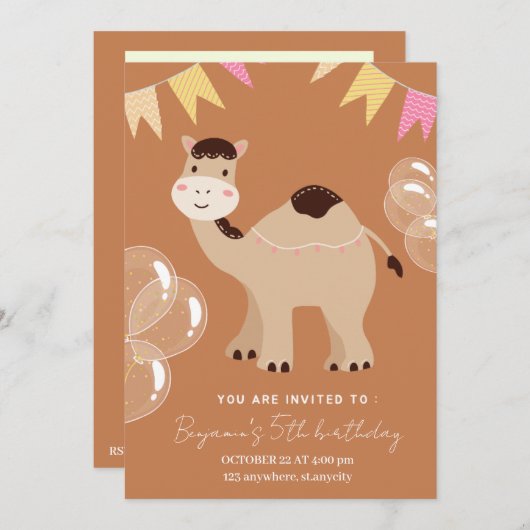 かわいい漫画のラクダ写真の誕生日の招待状 招待状 (正面/裏面)