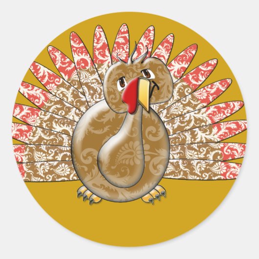 かわいい漫画の七面鳥のダマスクのパターン ラウンドシール (正面)
