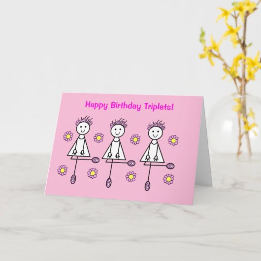 かわいい漫画の三つ子ピンクの誕生日カード カード (黄色い花)