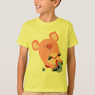 かわいい漫画の三輪車の豚の子どもTシャツ Tシャツ