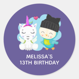 かわいい漫画の仲間 – ハッピーユニコーン&バード誕生日 ラウンドシール