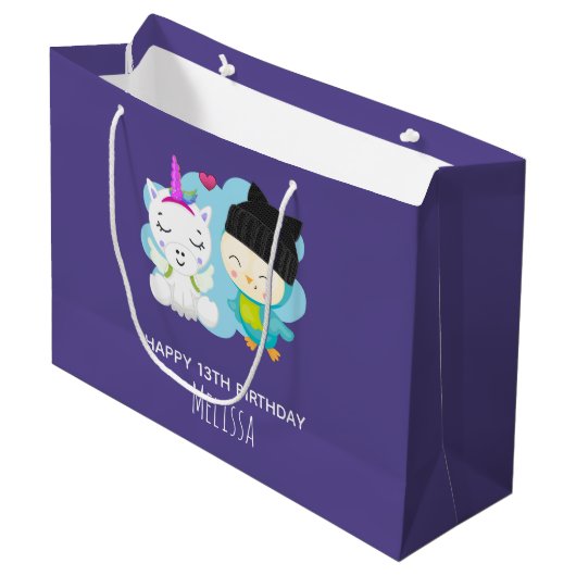 かわいい漫画の仲間 – ハッピーユニコーン&バード誕生日 ラージペーパーバッグ (正面アングル)