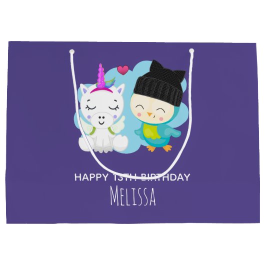 かわいい漫画の仲間 – ハッピーユニコーン&バード誕生日 ラージペーパーバッグ (裏面)