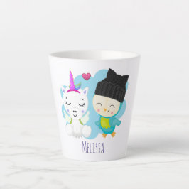 かわいい漫画の仲間 – Happy Unicorn & Bird カフェラテマグ