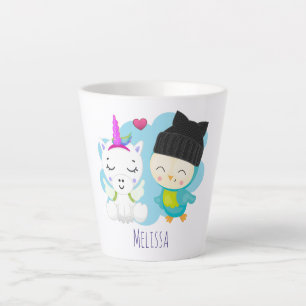 かわいい漫画の仲間 – Happy Unicorn & Bird カフェラテマグ