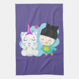 かわいい漫画の仲間 – Happy Unicorn & Bird キッチンタオル