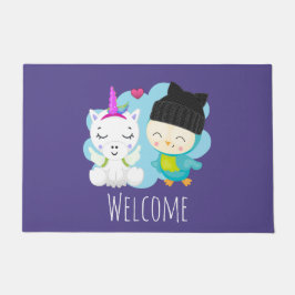 かわいい漫画の仲間 – Happy Unicorn & Bird ドアマット