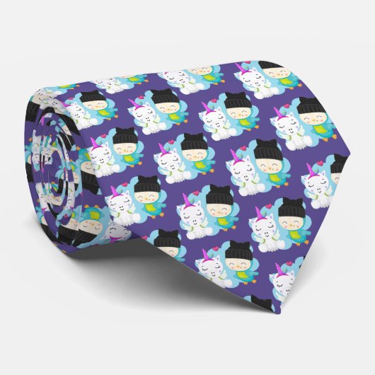 かわいい漫画の仲間 – Happy Unicorn & Bird ネクタイ (ロール)