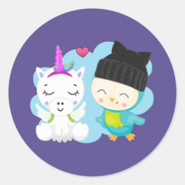 かわいい漫画の仲間 – Happy Unicorn & Bird ラウンドシール