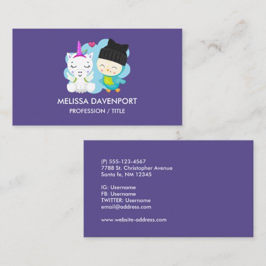 かわいい漫画の仲間 – Happy Unicorn & Bird 名刺 (正面/裏面)