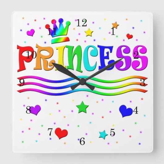 かわいい漫画の切り貼り芸術の虹のプリンセスのティアラ スクエア壁時計 (正面)