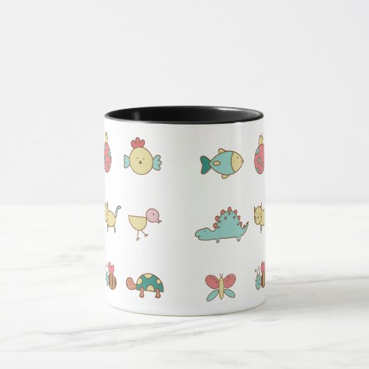 かわいい漫画の動物のパターンマグカップ – 黒いリム&ハン マグカップ (中央)