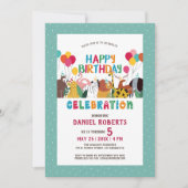 かわいい漫画の動物の子供たちハッピーバースデーパーティー 招待状 (正面)