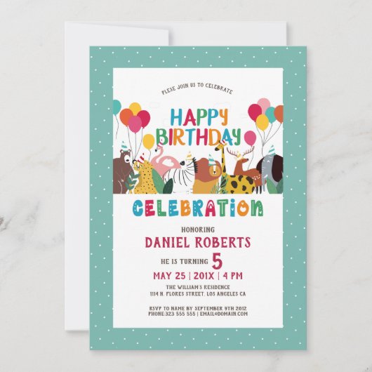 かわいい漫画の動物の子供たちハッピーバースデーパーティー 招待状 (正面)