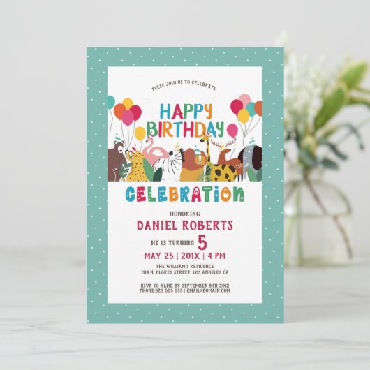 かわいい漫画の動物の子供たちハッピーバースデーパーティー 招待状 (スタンド正面)