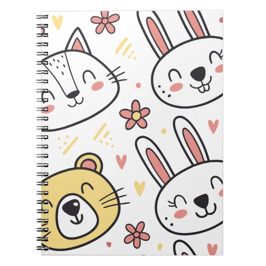 かわいい漫画の動物を使った遊び心あふれるシームレスパターン ノートブック (正面)