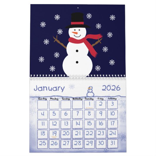 かわいい漫画の動物及び子供のイラストレーション カレンダー (1月 2026)