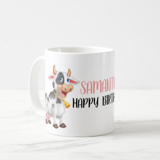 かわいい漫画の大きな牛のハッピーバースデーコーヒーマグ コーヒーマグカップ (正面左)