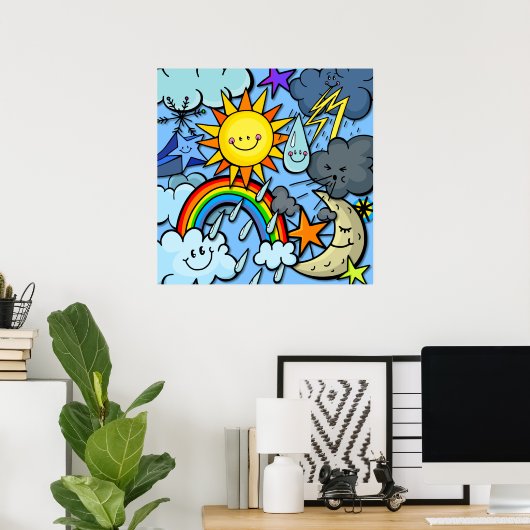 かわいい漫画の天気予報気象背景 ポスター (ホームオフィス)