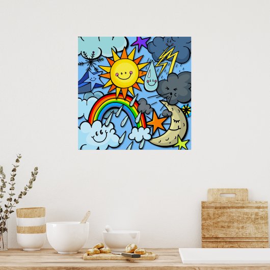 かわいい漫画の天気予報気象背景 ポスター (キッチン)