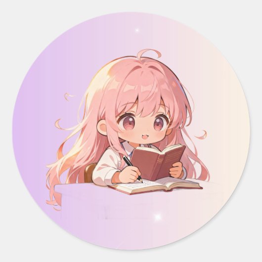かわいい漫画の女の子が本に書いている ラウンドシール (正面)
