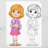 かわいい漫画の女の子のカラーリングページ (正面/裏面)