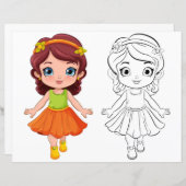 かわいい漫画の女の子のカラーリングページ (正面/裏面)