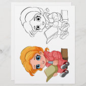 かわいい漫画の女の子のカラーリングページ (正面/裏面)