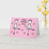 かわいい漫画の女の子ツインズピンクの誕生日カード カード (黄色い花)