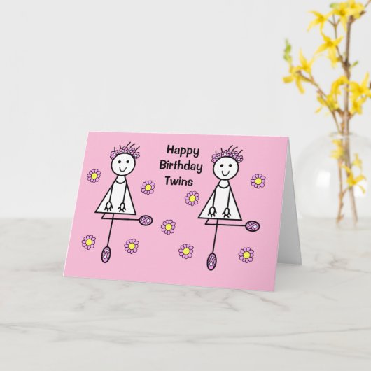 かわいい漫画の女の子ツインズピンクの誕生日カード カード (黄色い花)