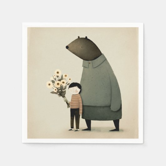 かわいい漫画の妖精の熊と男の子。フレンズ誕生日 スタンダードカクテルナプキン (正面)