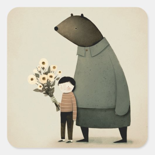 かわいい漫画の妖精の熊と男の子。フローラ誕生日 スクエアシール (正面)