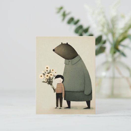 かわいい漫画の妖精の熊と男の子。フローラ誕生日 ポストカード (スタンド正面)