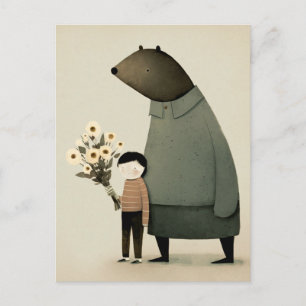 かわいい漫画の妖精クマと少年。花の誕生日 ポストカード