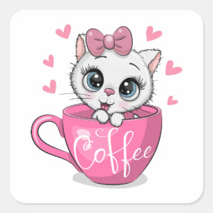 かわいい漫画の子猫がコーヒーのカップに座っている スクエアシール