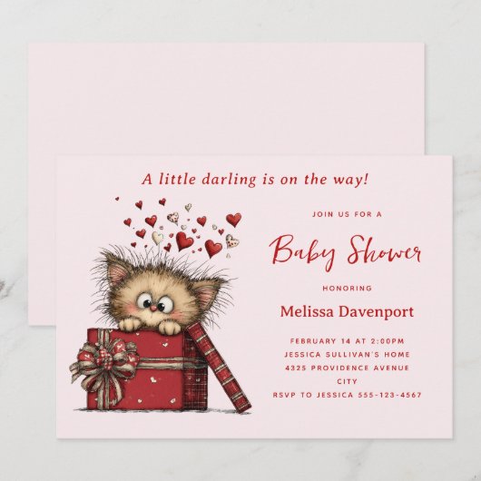 かわいい漫画の子猫が箱に入ったベビーシャワー 招待状 (正面/裏面)