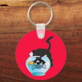 かわいい漫画の子猫、魚、ボウル キーホルダー (正面)