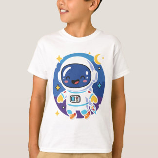 「かわいい漫画の宇宙飛行士が宇宙を漂っている、遊び心のある Tシャツ