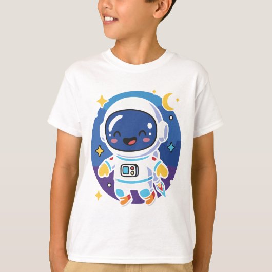 「かわいい漫画の宇宙飛行士が宇宙を漂っている、遊び心のある Tシャツ (正面)