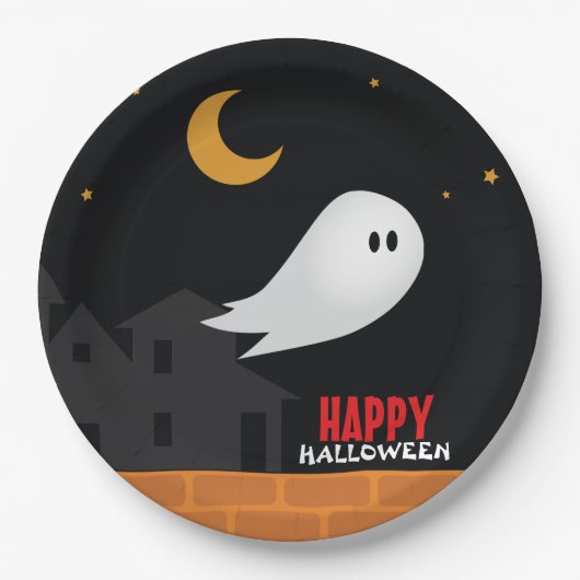かわいい漫画の幽霊ハロウィーンの夜 ペーパープレート (正面)