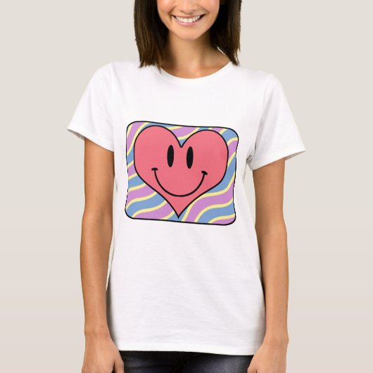 かわいい漫画の微笑のバレンタインデーのレトロのハート Tシャツ (正面)