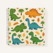 かわいい漫画の恐竜と葉 – 先史時代の楽しみ ノートブック (正面)