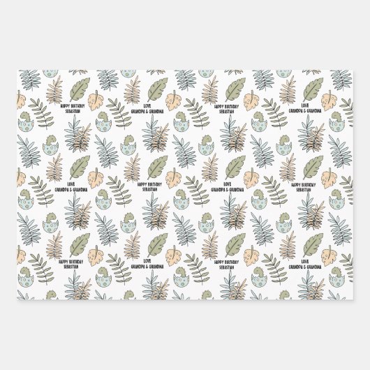 かわいい漫画の恐竜ブルーグリーンボーイ名 ラッピングペーパーシート (正面)