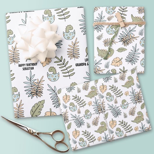 かわいい漫画の恐竜ブルーグリーンボーイ名 ラッピングペーパーシート